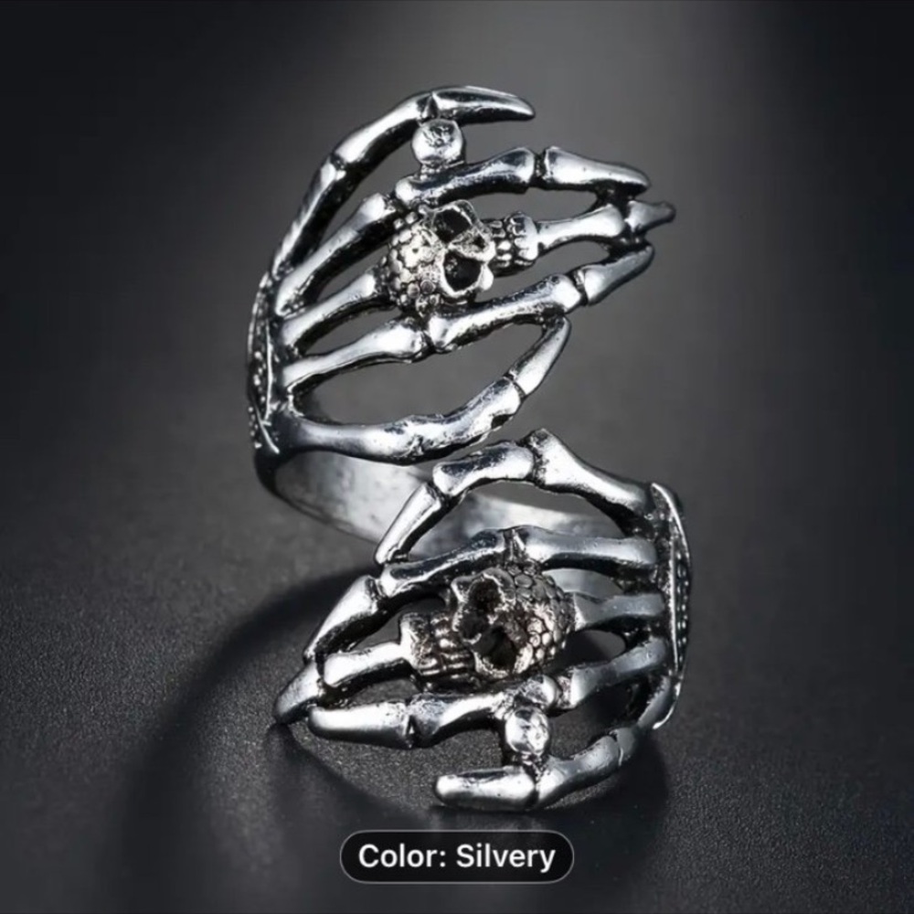 New! Punk Vintage Antique Silvery Hollowed Skull Ring, Unisex Skeleton Open Ring